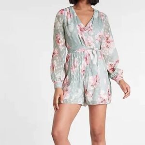Express | Floral Pleated Wrap Front Romper Belted Long Sleeves Blue Pink Small